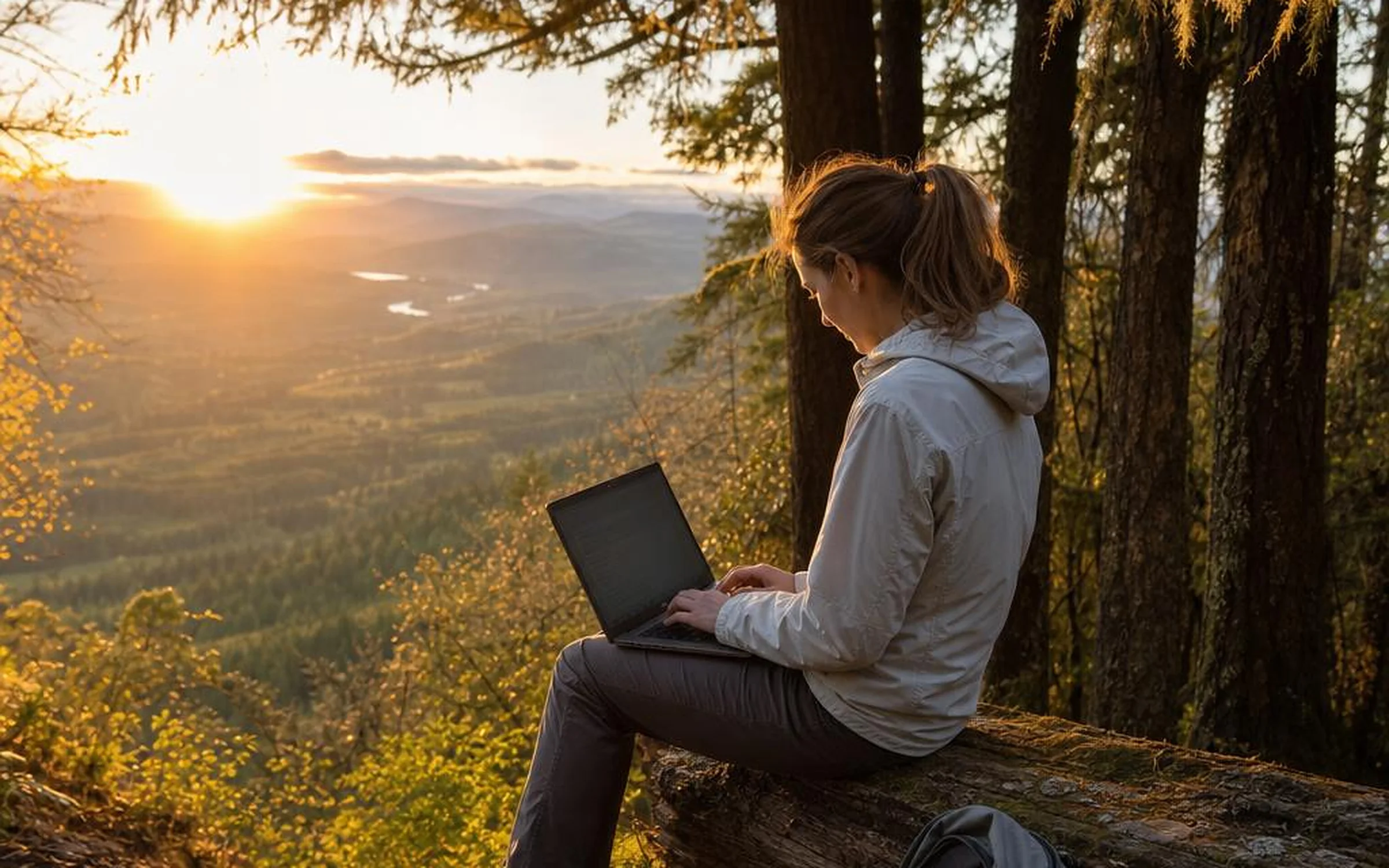 A woman working on her laptop at a forest overlook in golden evening light